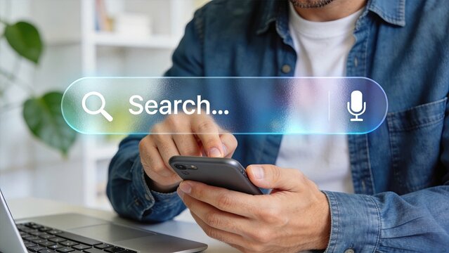 Man using smartphone with futuristic search bar, digital technology concept for online browsing and finding information on the internet