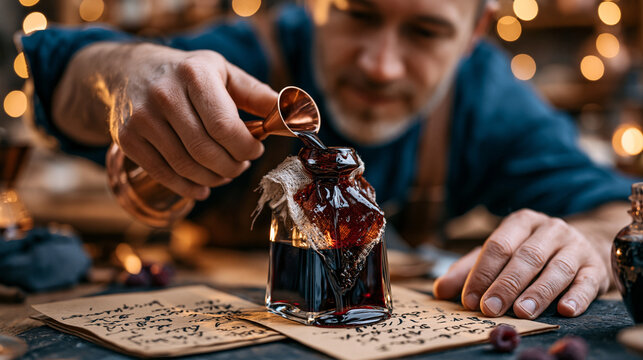 Artisan pouring aged raspberry vinegar through cheesecloth into dark glass bottle, copper funnel, handwritten labels on kraft paper, warm golden backlight, ideal for artisan vinegar, small batch cra