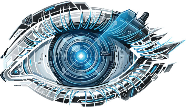 Sci-fi robotic eye vector illustration featuring high tech biometric scanning lens system hud targeting elements and cyberpunk hardware