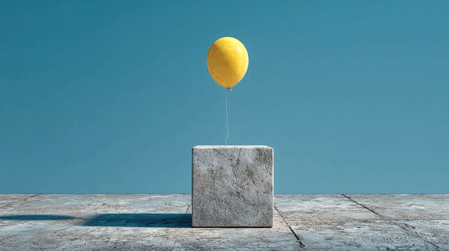 Yellow balloon tied to floating concrete cube surreal scene