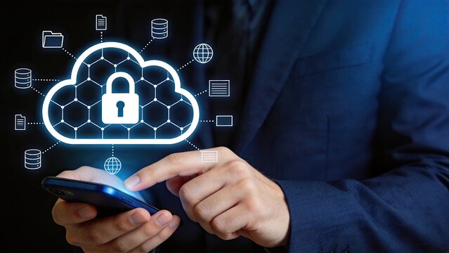 Secure cloud computing data protection concept, businessman using smartphone with digital lock icon, cyber security network connection technology background for business safety