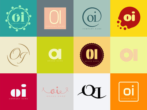 OI logo company template. Letter o and i logotype. Set different classic serif lettering and modern bold text with design elements. Initial font typography.