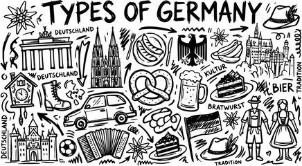 Obraz premium Black and White Hand-Drawn Line Art Doodle Illustrating German Culture, Travel, and Tradition Icons: Landmarks, Food, and Symbols of Germany.