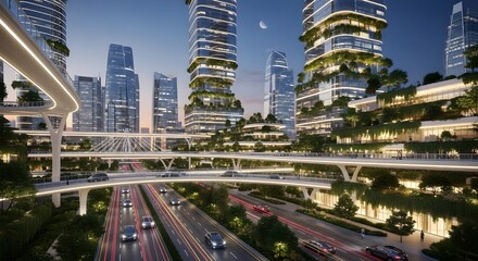 Obraz premium Futuristic cityscape with elevated walkways and skyscrapers at dusk