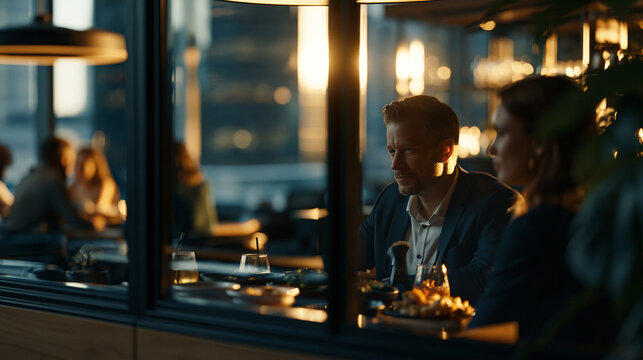 Office factions are implied by two distinct lunch clusters visible through a glass partition, body language and seating patterns telling the whole story without a single word, harsh midday sun split
