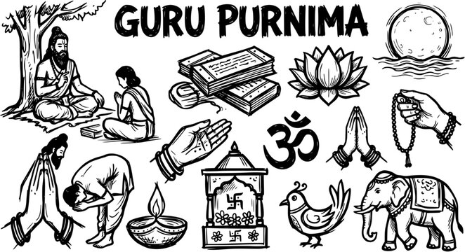 Guru Purnima Hindu Festival Black and White Line Art Doodle Set. Hand-drawn spiritual symbols, guru, students, and cultural elements celebrating knowledge and wisdom.
