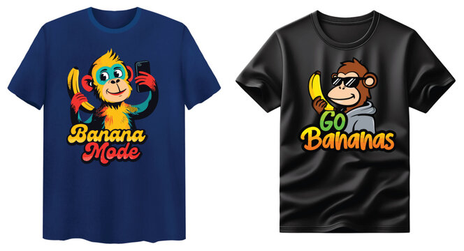 A fun monkey cartoon character holds a banana and a smartphone in an illustration with banana mode text on a t-shirt.