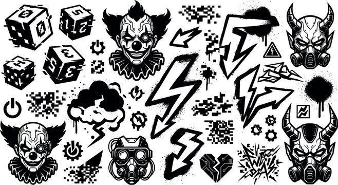 Cyberpunk Grunge Sticker Collection with Clown Masks Lightning Symbols Gaming Icons and Urban Glitch Vector Design Elements