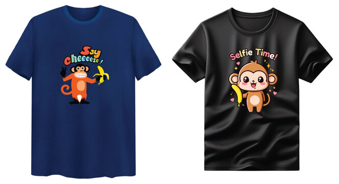 A cool monkey cartoon character wears sunglasses and a hoodie, holding a banana with go bananas text on a t-shirt design.