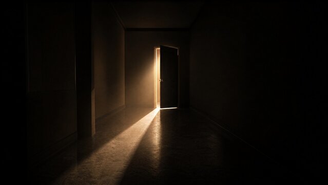 ajar. A beam of light streaming through a doorway into a dark, empty corridor. real-estate listings, architecture portfolios, designed for interior renovation comparisons for interiors.