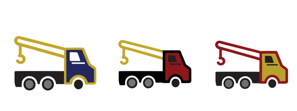 Set of three colorful tow truck icons with different color combinations, vector illustration of construction vehicles for transport and recovery services.