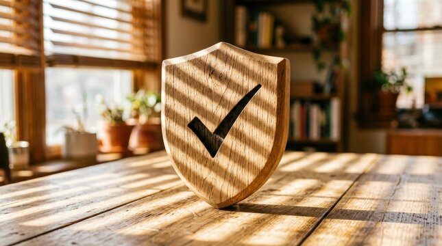 Wooden Shield with Checkmark Symbol on Table in Sunlight.