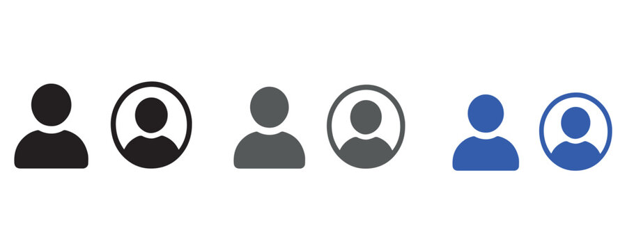 Set of user profile icons, avatar symbols, account signs in black, gray and blue colors, flat vector illustration