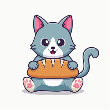 Cute cartoon cat holding a loaf of bread