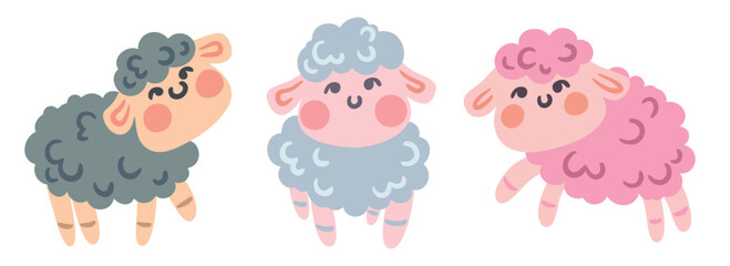 Set of simple cute sheep. Collection of hand drawn baby farm animals, sweet cartoon sheep isolated on white background. Vector illustration, set of design elements in a childish motif. © Yulya i Kot