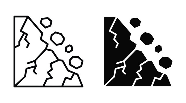 Landslide icon set, vector illustration of a natural disaster with falling rocks and cracked ground, isolated on white background