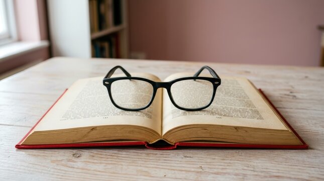 Open Book with Reading Glasses on Wooden Table.