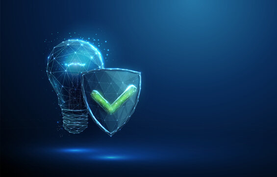 3D blue shield with green tick and lightbulb. Intellectual property protection, patent approval, safe invention, smart solution, knowledge protection, inspiration concept