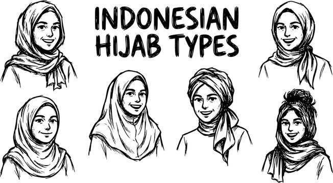 Indonesian Hijab Types Black and White Line Art Illustration. Diverse Muslim Women Wearing Traditional and Modern Headscarves, Cultural Fashion Sketch.