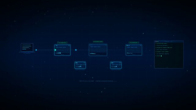 A blue futuristic digital network infrastructure initializing, showing data flow, server nodes, coding terminal, and system connectivity on a grid background.