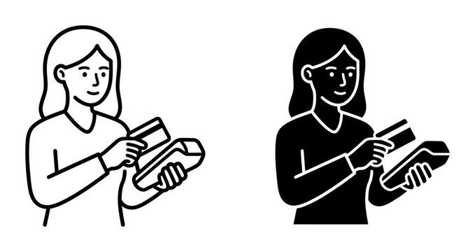 Woman Paying with Credit Card at Terminal, Outline and Silhouette Icons, for Retail and E-commerce