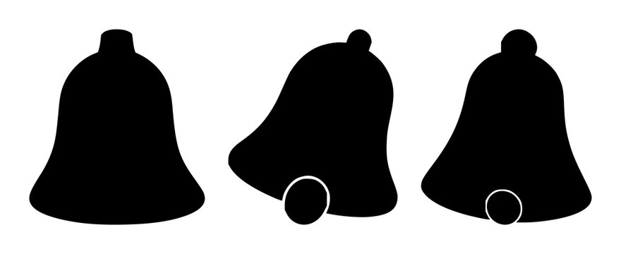 Notification bell icon set with solid black silhouette against white background, simple line icon design featuring alert, notification, bell with minimalistic and graphic