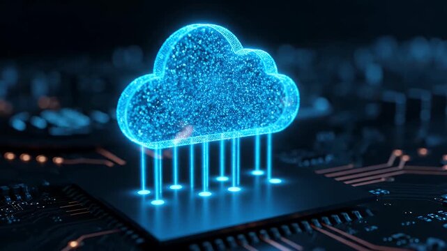 Glowing blue digital cloud icon hovering above a dark electronic computer circuit board