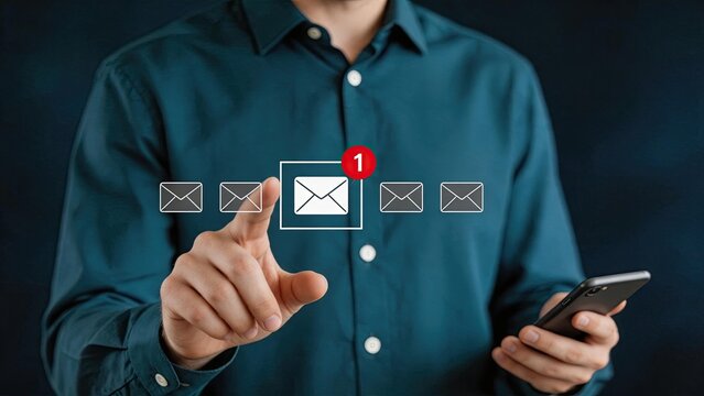 Man selecting email message icon with notification badge, representing communication, inbox management, and digital correspondence workflow on modern smart device interface