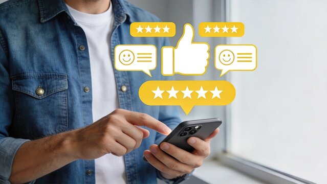 Man using smartphone with five star rating and positive feedback icons, customer satisfaction review concept, social media engagement and online reputation management for business