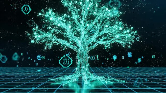 Glowing digital tree made of data network connections on a dark futuristic grid base
