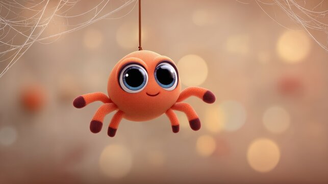 Cartoon orange spider with big blue eyes hangs by a string against a blurred, bokeh background