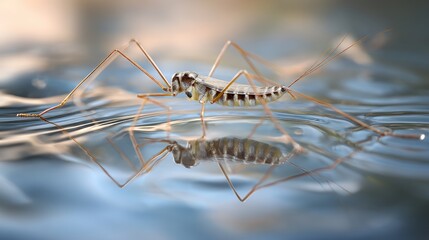 Naklejka premium Crane fly, with long legs, rests gently on water surface, reflecting softly