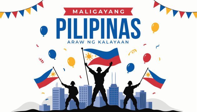 Philippine independence day celebration with flags and cityscape