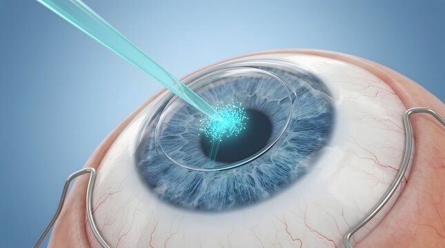 Light blue laser beam targets a human eye cornea performing corrective surgery.