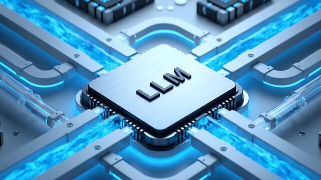 A central computer chip labeled llm with glowing blue data streams on a circuit board
