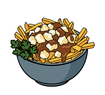 Traditional fast food poutine in a grey bowl with rich brown sauce graphic