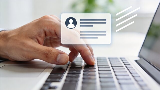 Close up of hand typing on laptop keyboard with digital user profile card overlay, illustrating online registration, account login, identity verification, personal data entry,