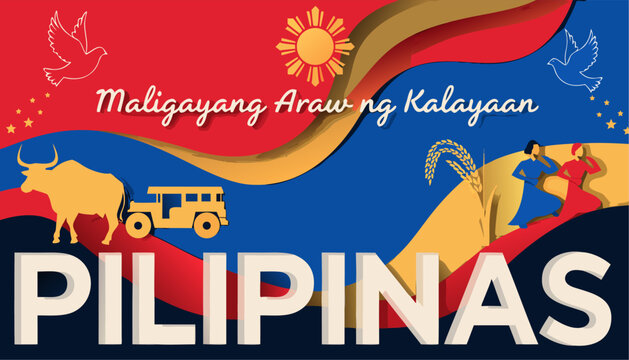 Vibrant philippine flag design with maligayang araw ng kalayaan message and pilipinas text