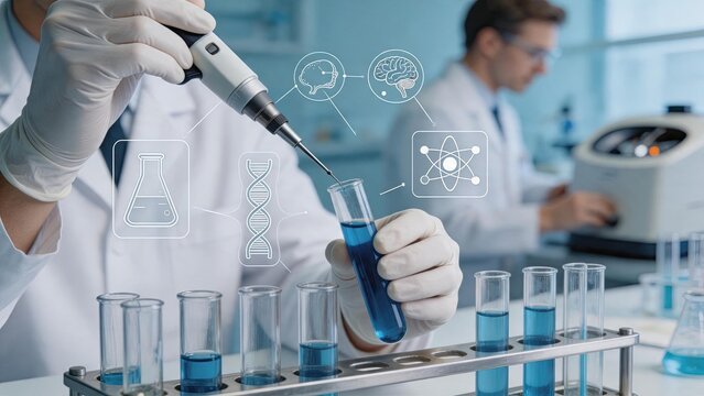 Scientist in laboratory using pipette to drop liquid into test tube with DNA helix and brain icons, symbolizing genetic research, biotechnology, medical science, chemistry