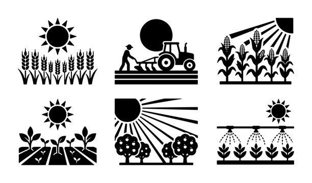 Farming Icons Set: Agriculture, Cultivation, Harvest, Rural Life, Sun, Tractor, Irrigation, Crops, Orchard, Fields