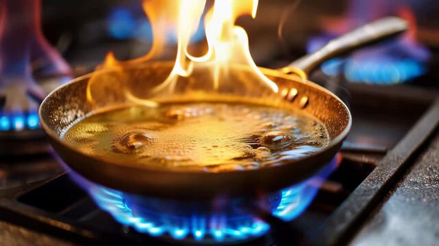 Flamb&eacute; sauce cooking in pan with gas stove flames during professional culinary preparation