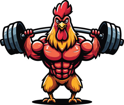 Muscular rooster in gym lifting heavy barbell with weights, strong farm animal bodybuilder flexing pectoral muscles and abs, fitness cartoon character.