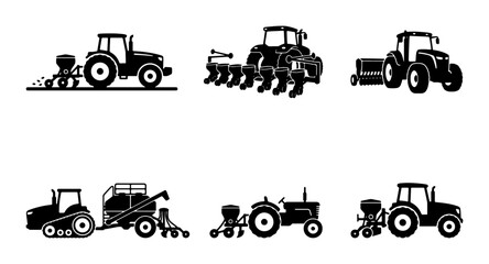 Set of 6 Black and White Farm Tractor Icons, Agricultural Machinery Silhouettes for Farming Industry Concepts, Rural Transportation and Cultivation © Shafayet