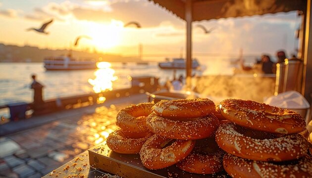 Simit bread rolls stacked on a wooden board by the waterfront