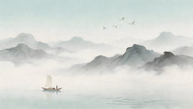 Sailboat on misty lake with mountains