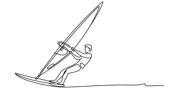 Continuous single line drawing of a man windsurfing on the ocean water with his windsurf board and sail in a minimal artistic style for sports design Vector, illustration