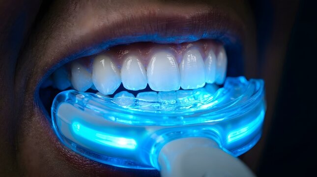 Close up of human mouth using blue light led teeth whitening tray device treatment.