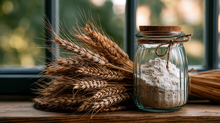 Fototapeta premium Heirloom Red Fife wheat sheaves bundled beside freshly milled flour and rustic levain culture in glass jar, farmhouse windowsill, soft diffused summer morning light, ideal for heritage grain farming