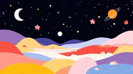 Naklejka premium Whimsical Cosmic Landscape with Colorful Hills and Starry Night Sky.