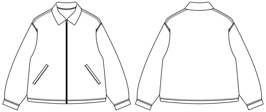 Front and back bomber jacket technical fashion sketch with zipper and ribbed cuffs, apparel production template, cad drawing flat vector illustration